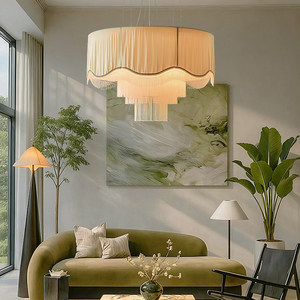 Suspension minimaliste 50cm 60cm 80cm, design rond en tissu à pompons, style vintage français chaleureux pour salon, chambre et bureau - Product Image 1