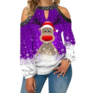 नई गर्म बिक्री थोक महिलाओं सेक्सी ब्लाउज शीर्ष बंद-कंधे बज लंबे बाजू देवियों टी शर्ट क्रिसमस स्वेटर