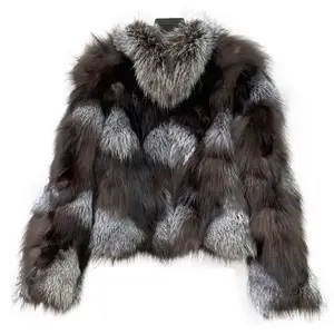 Veste en fourrure pour femmes, manteau <span class=keywords><strong>court</strong></span> <span class=keywords><strong>à</strong></span> col montant, peut être personnalisée, couleur véritable, renard argenté, épissage des cheveux du ventre - Product Image 1