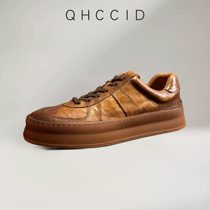 Men's Brown <b>Leather</b> <b>Sneakers</b> Low Top Chunky Sole Handmade Casual Shoes Mid Heel Daily Wear - Product Image 2