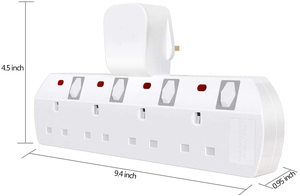 Enchufe de extensión UK, 4 tomas/Adaptador de enchufe de pared eléctrico/enchufe de Reino Unido conmutado - Product Image 2