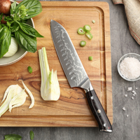 Pisau Santoku Tradisional Jepang Angele 7 Inci, Gagang Resin Ramah Lingkungan, Ambidextrous, Finishing Poles Tinggi untuk Dapur