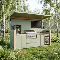 Mueble de Exterior, Gabinete de Cocina Plegable Inteligente 5 en 1, Estación de Barbacoa con TV, Altavoz, LED, Acero Inoxidable, para Azotea de Villa