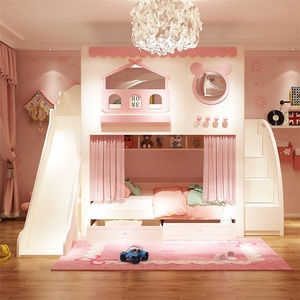 Lit mezzanine moderne JS rose en forme de chat pour enfants avec escalier, armoire de rangement et penderie à 2 portes, garde-corps haut pour chambre de filles - Product Image 2