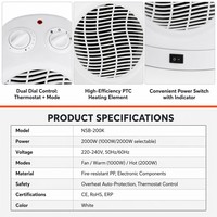 Ventilateur tour incurvé portable avec thermostat, chauffage électrique d'appoint 3 modes, 2000W, température réglable, protection contre la surchauffe, résistant au feu, CE