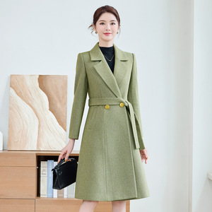 Women's <b>Wool</b> Blend Coat Red Green Double Breasted Belted Mid Length Autumn Winter Outerwear - Product Image 4