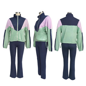 Viviblook Z1014ST01 Women Fitness Patchwork Sweatsuit Outfits Two Piece Zipper Crop Top Skinny Flare Pants Plus Size Set - Product Image 3