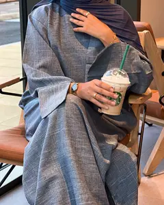 2024 New Abaya Designs Atmungsaktiv Modest Abaya Einfaches Leinen Geschlossen Abaya Frauen Muslimisches Kleid Islamische Kleidung Großhandel