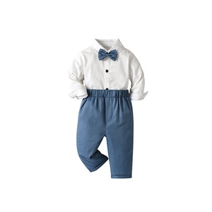 Ensemble 2 pièces pour bébés garçons, chemise à manches longues avec nœud papillon, <span class=keywords><strong>pantalon</strong></span> long uni, <span class=keywords><strong>tenue</strong></span> formelle pour le printemps et l'automne - Product Image 5