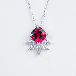 925 Sterling Silver Lab Grown <b>Ruby</b> <b>Necklace</b> Cushion Cut Marquise CZ Halo Floral Pendant Clavicle Chain for Women K - Product Image 1