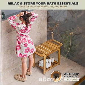 Jelin Wooden <b>Shower</b> Stool With <b>Storage</b> <b>Rack</b> For Bathroom Bathtub Side Use - Product Image 3