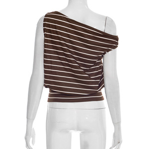 Viviblook J26TP043 T-shirt d'été pour femme, nouveau modèle rayé, col bateau, épaules dénudées, taille ample, sans manches, crop top pour femmes - Product Image 4