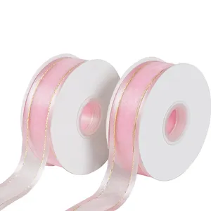 공장 도매 사용자 정의 38 mm 새틴 가장자리 나일론 organza 리본 골드 실버 스레드