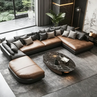 Canapé d'angle modulaire en cuir en forme de L, en bois massif, bicolore, pour salon de villa, mobilier de maison moderne de luxe léger