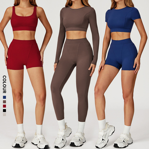 Shinbene 4PCS dài tay áo Crop Top Bộ phụ nữ Hip Up Quần Short xà cạp phòng tập thể dục Yoga hoạt động mặc trang phục - Product Image 1