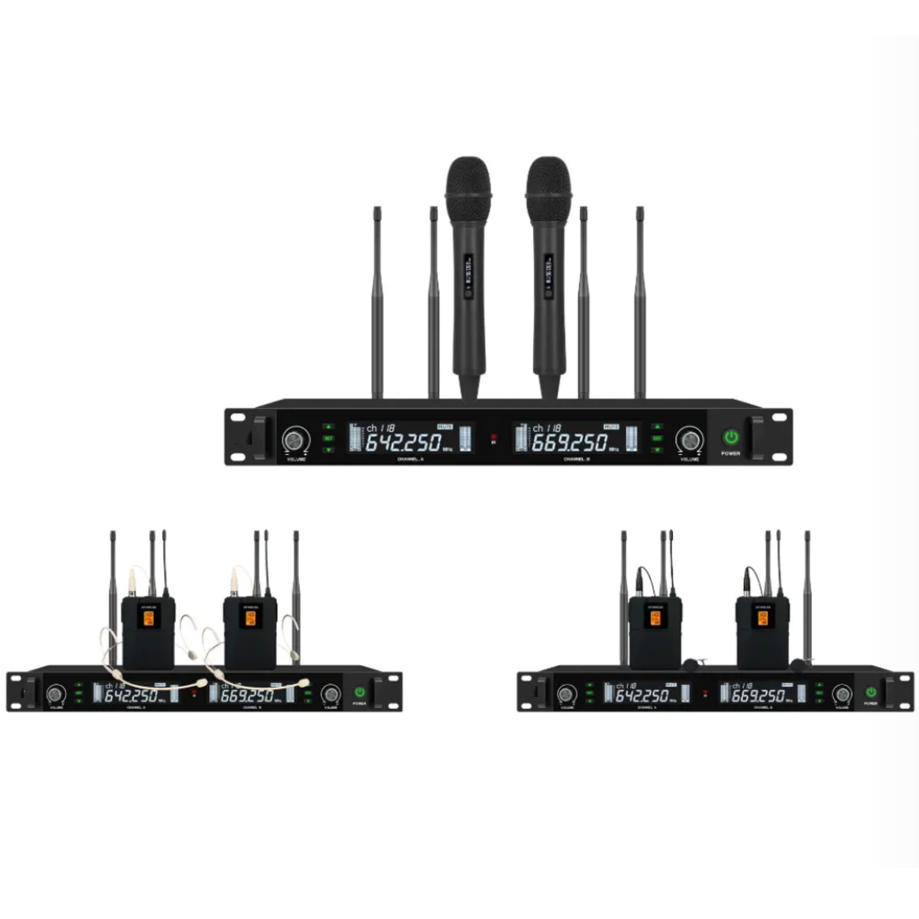 Беспроводная микрофонная система UHF (истинное разнообразие), два портативных микрофона, Регулируемая частота, макс. 200 метров в открытой среде