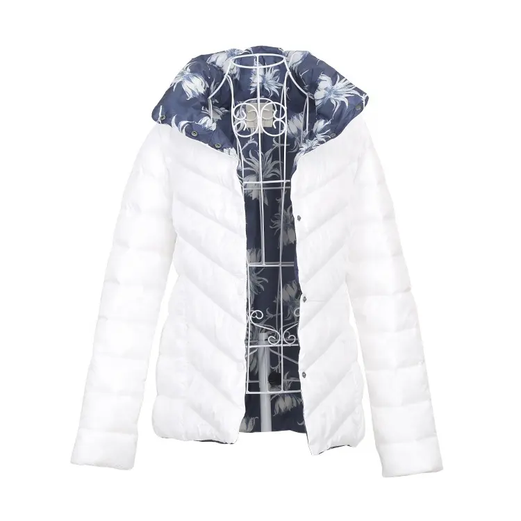 OEM European style Series winter white quilted jacket womens outdoor trench coat without hood with floral print lining