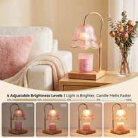 Lámpara Calentadora de Cera de Cristal con Flores Rosas, Altura Ajustable, Marco Dorado, Base de Madera, Regulable, sin Llama, para Derretir Velas en Tarro