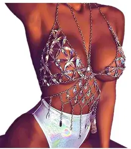 2019 Phụ Nữ Thời Trang Shiny Pha Lê Rhinestone Lưới Cơ Thể Áo Ngực Phù Hợp Với Bộ Bikini Quyến Rũ Sexy Quần Lót Trong Suốt Cơ Thể Chuỗi Ngực Đồ Trang Sức