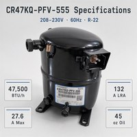 ضاغط CR47KQ-PFV-555 بديل، ضاغط محكم الإغلاق R22، 208/230 فولت، 60 هرتز، قطعة غيار للتبريد