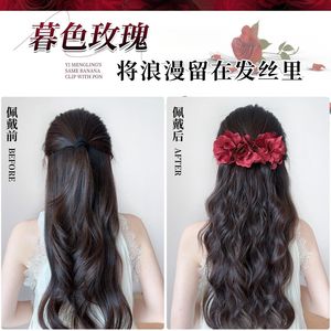 Perruque queue de cheval avec pince banane florale en forme de rose, cheveux longs ondulés pour femmes, en fibre haute température, entièrement tissée à la main - Product Image 5