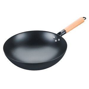 <span class=keywords><strong>Wok</strong></span> Chinês Sem Revestimento Químico, Woks de Aço Carbono Pré-temperados com Cabo de Madeira para Uso em Restaurantes e Cozinhas de Hotéis - Product Image 1