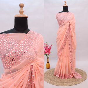 <strong>Mirror</strong> Heavy Soft Georgette <strong>Saree</strong> with <strong>Embroidery</strong> Real <strong>Mirror</strong> Work Unstitched Blouse Included