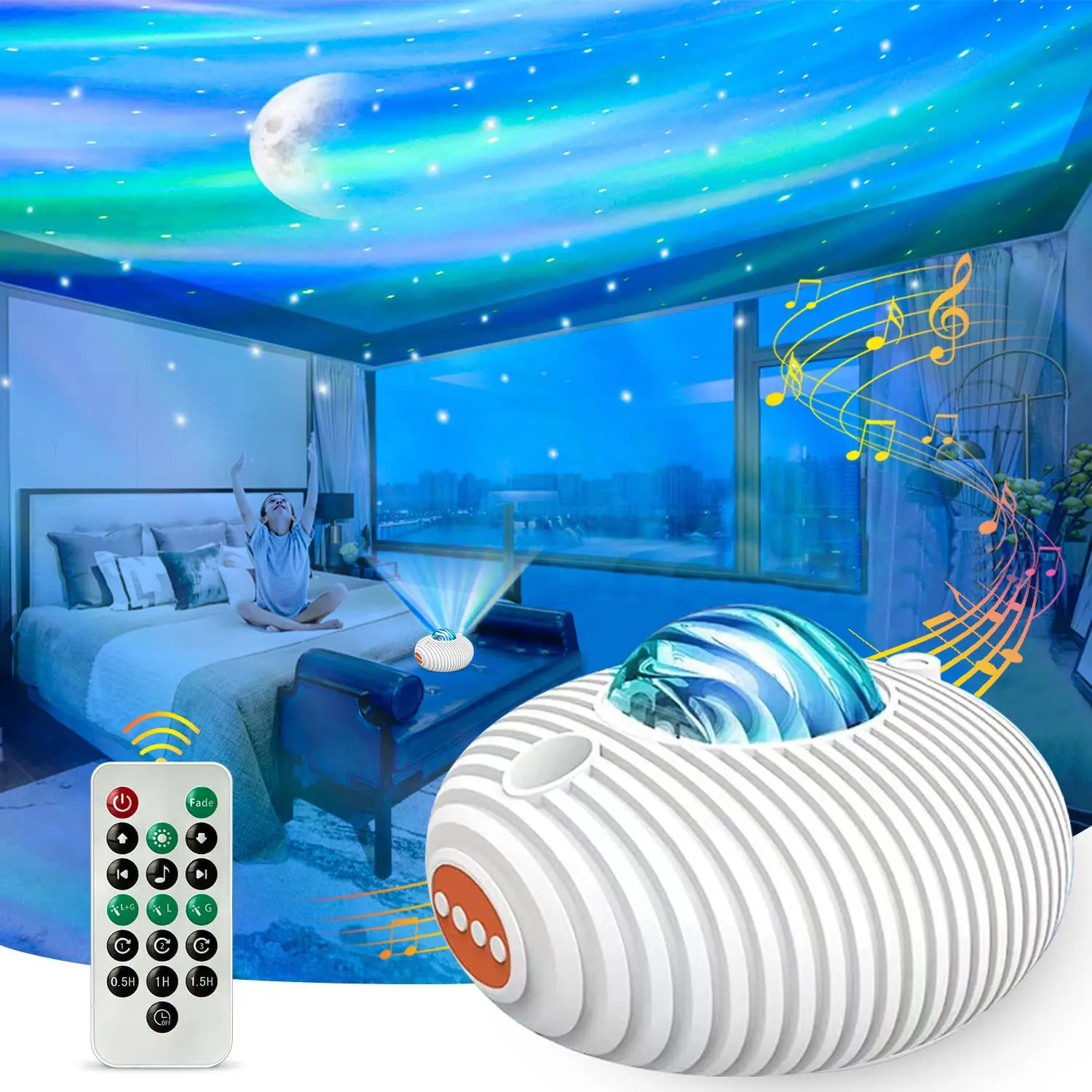 Proyector Aurora Night Light LED Lámpara de decoración BT Control remoto Ruido blanco Temporizador de cine en casa para dormitorio Decoración para el hogar Fiesta