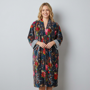 Floral Printed Velvet Regular Robe Women's Wrap <b>Tie</b> Dressing Gown Summer Winter Wear Three Quarter Sleeve Reversible - Product Image 1