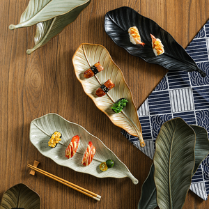 Assiette de service vintage en céramique en forme de feuille, créative, longue, rétro, pour sushi, vaisselle, résistante au lave-vaisselle, pour gâteaux, desserts, fruits - Product Image 4