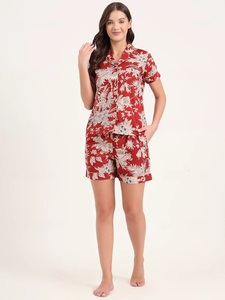 Ensemble de pyjama en coton floral de style romantique rouge, imprimé à la main, vêtements de nuit pour femmes, vêtements de nuit de couleur unie, prix de gros disponible - Product Image 6