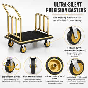 Hotel luggage <b>cart</b>, <b>hand</b>-push flat trolley with stainless steel silent wheels, concierge lobby - Product Image 4