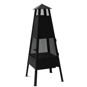 Kingjoy Teras Baja Hitam Bentuk Menara Cerobong Asap Luar Ruangan Bbq Perapian Log Pemanas Pembakar Struktur KD Perakitan Mudah
