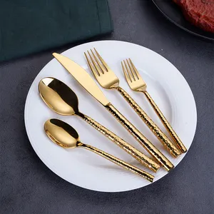 Heavy Silverware Wedding Stainless Steel 18/10 Titanium Plated Hammered Gold Cutlery Set