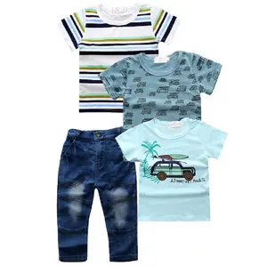 Little boy clothes Baby cartoon car striped print tops + long denim pants short sleeve Children Kids clothing set