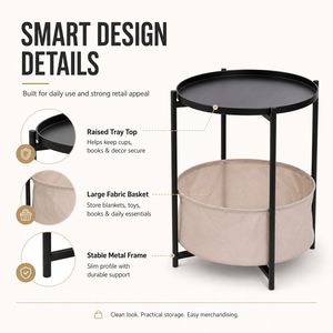 Wholesale Round Side <strong>Table</strong> with Fabric <strong>Storage</strong> Basket Metal Frame Removable Tray <strong>End</strong> <strong>Table</strong> for Living Room - Product Image 2