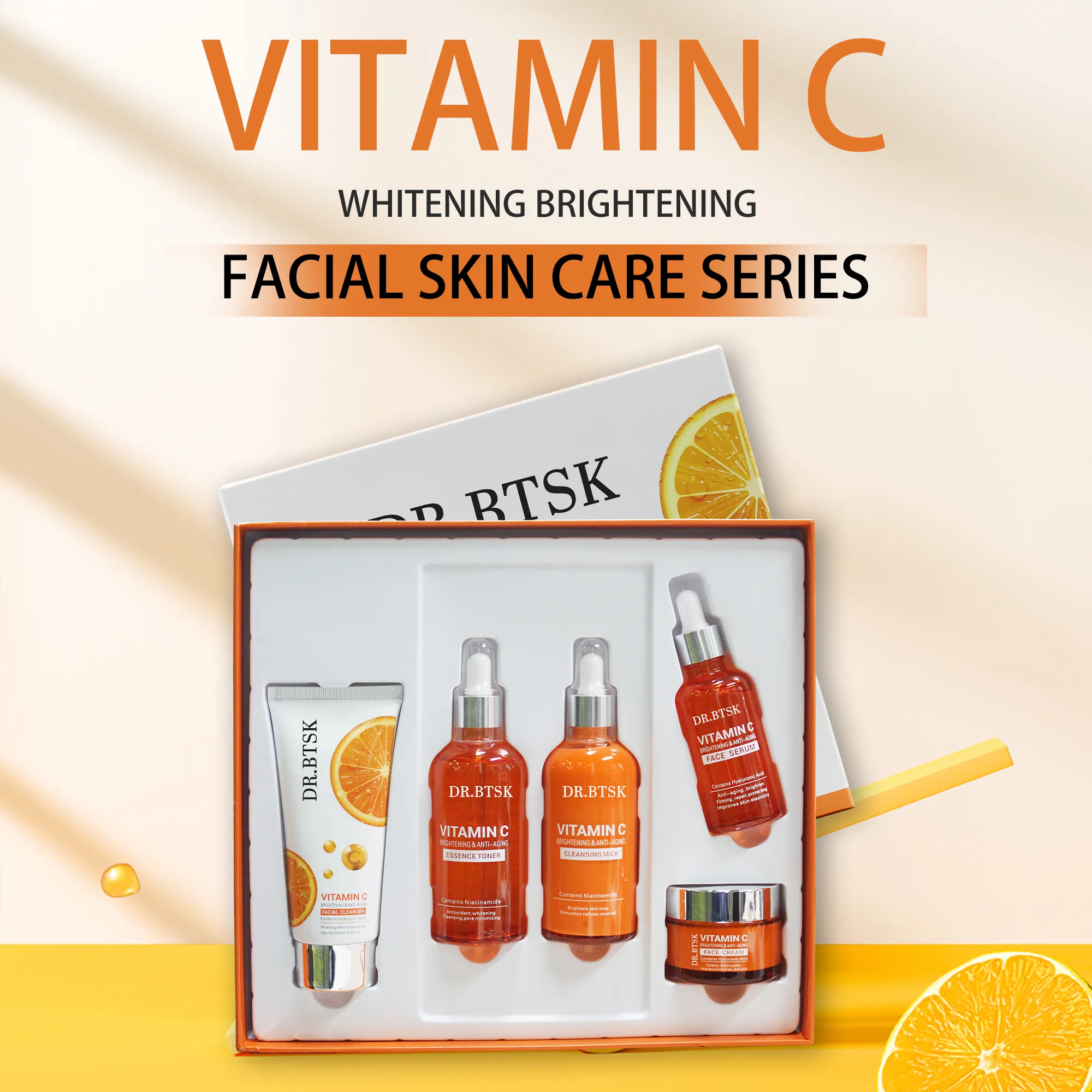 Private Label Freckle Remoção Clareamento Vitamina C Soro Para Rosto Ácido Hialurônico Creme Vitamina C Cuidados Com A Pele Set