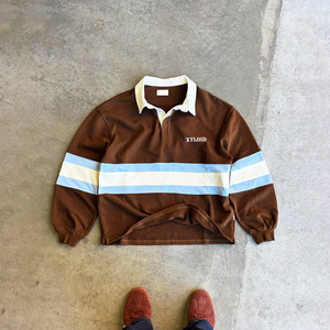 Chemises polo rugby surdimensionnées à manches longues et boutonnées pour hommes, en coton 100% French Terry rayé, personnalisées - Product Image 6