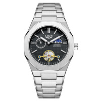 Montre-bracelet mécanique automatique LIGE LG6823 Tourbillon bleu à cadran ajouré décontractée en acier inoxydable avec phase lunaire pour homme