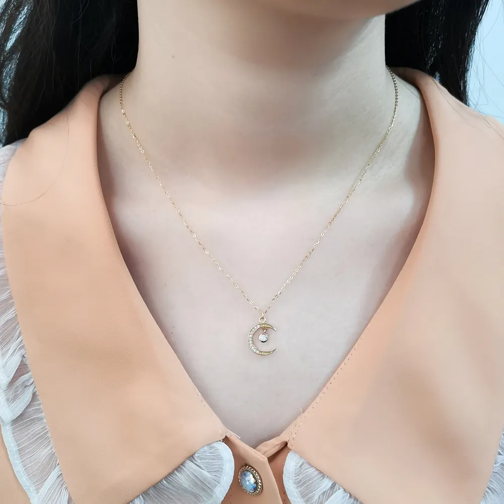 Cadeia pingente de Colar de Jóias de Ouro Cúbicos de Zircônia Moda Estilo Coreano Da Forma Da Lua 14K Amarelo Colares Chain link Presente de Casamento