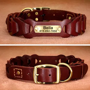 Genuine Leather Dog Collar Custom Leather Medium Large Dog Collars Personalized Pet ID Collars For Dogs Pitbull Engrave Name
