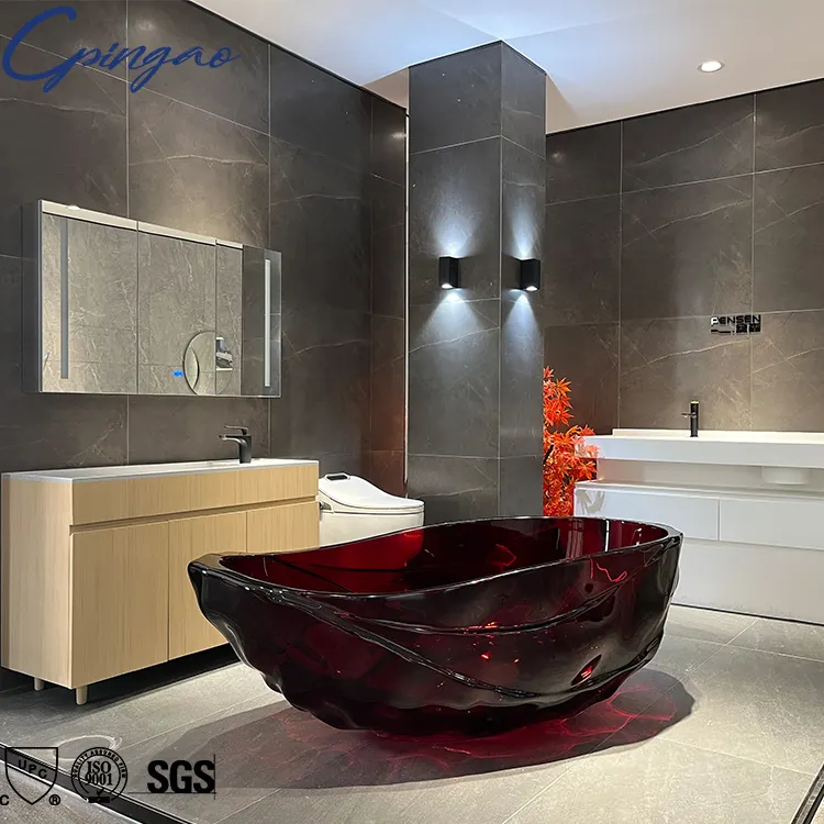 Neues Design Rotes Harz Polyester Kristall Transparent Klar Massive Oberfläche Stein Freistehende Acryl Badewanne Freistehende Badewanne