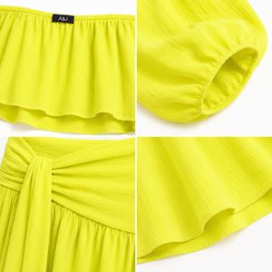 Ensemble A&J pour femme : Haut court à épaules dénudées, manches ballon et volants, et mini-jupe skater à taille nouée, couleur Chartreuse, avec logo personnalisé GRS - Product Image 2
