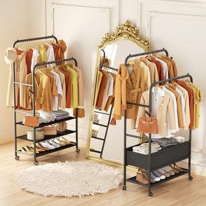 ポータブルローリングメタル服ラック4層モダンデザイン多機能ダブルロッドワードローブ用リビングルーム用 - Product Image 5
