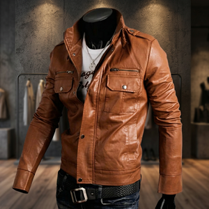 Blouson d'hiver en cuir véritable et toile, tendance, imperméable, respirant, coupe-vent, durable, col mandarin, fermeture éclair sur le devant - Product Image 1