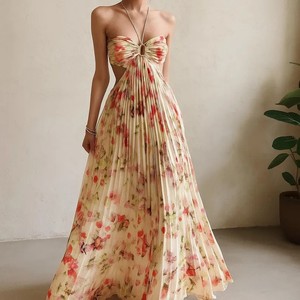 Vestido Maxi Boho Elegante sin Tirantes con Estampado Floral, Cintura Alta, Plisado, Fluido, de Gasa Suave, para Vacaciones, con Hombros Descubiertos, Largo - Product Image 2