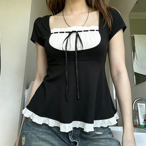T-shirt femme color block effet deux pièces, manches courtes, coupe ajustée, style décontracté et estival - Product Image 1