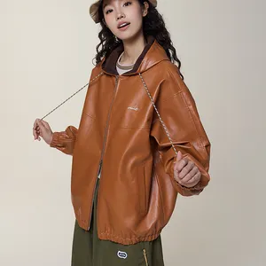 Customized Vintage Embroidery Hooded Pu Leather Jacket Zipper Hoodie Sweatshirt Mens Leather Jacket with Hoodie