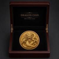 Pièce de monnaie commémorative de luxe plaquée or 24 carats, dragon chinois, relief 3D, animal mythique, pièce souvenir avec boîte cadeau en bois