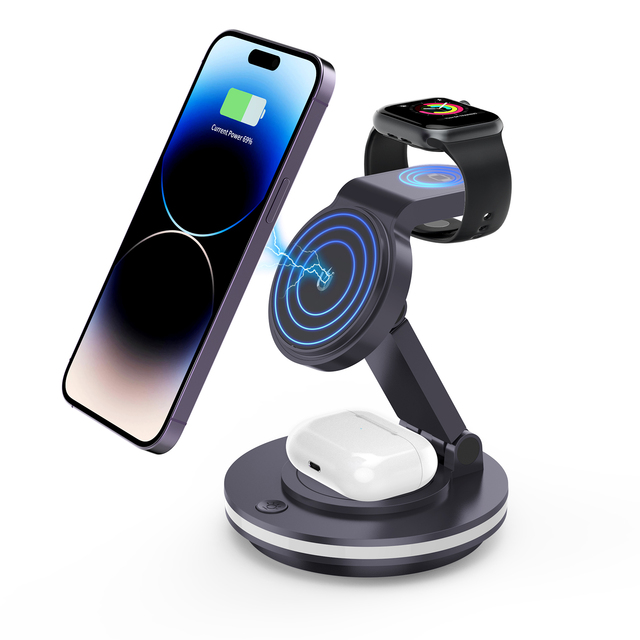 Newest 360 Degree Rotation 4 in 1 Folding Magnetic Wireless Charger Phone Charging Station Dock PD 3.0 Compatible for iPhone